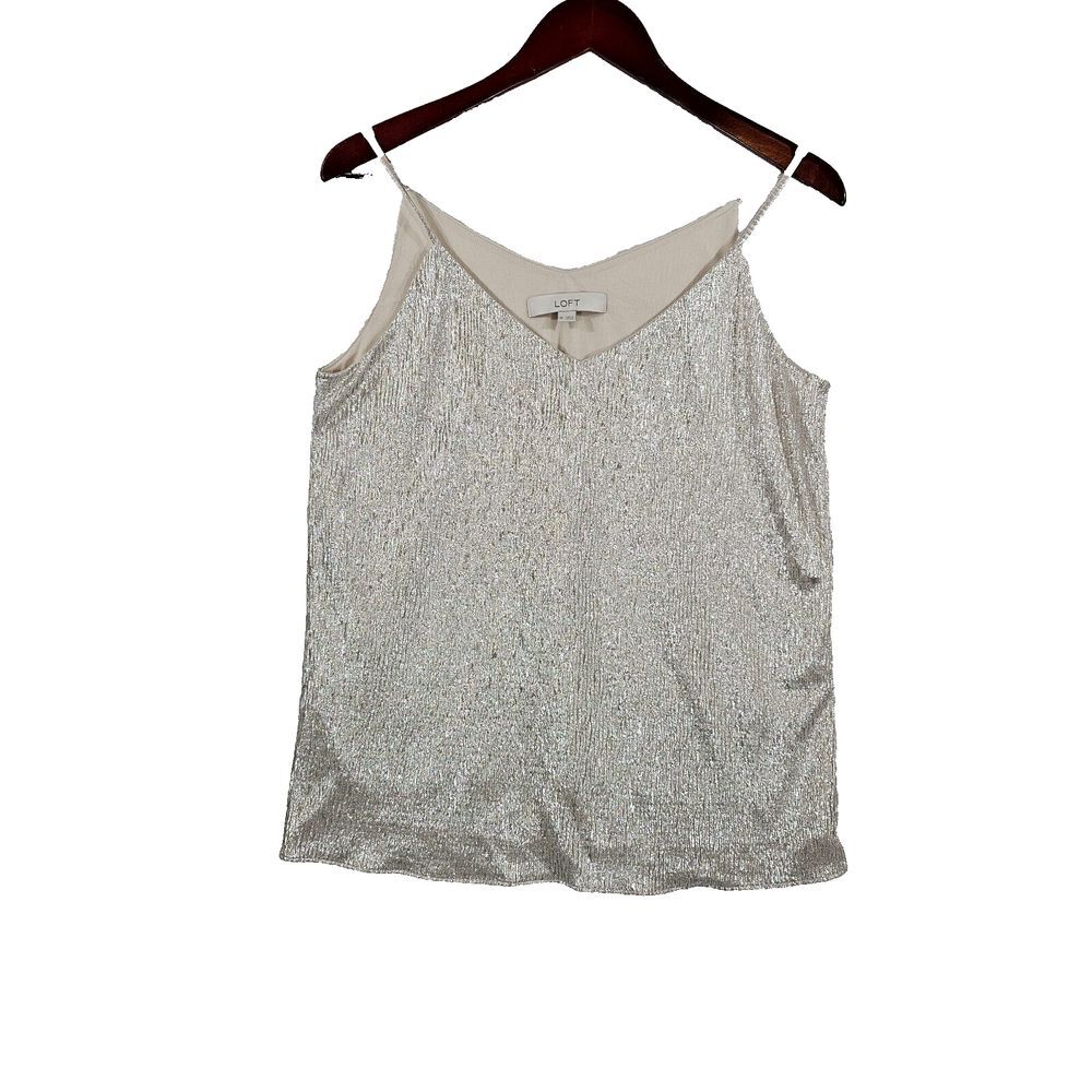 Loft Shimmer Metallic Double V-Neck Cami Top Size XS Lined Spaghetti Strap READ*
